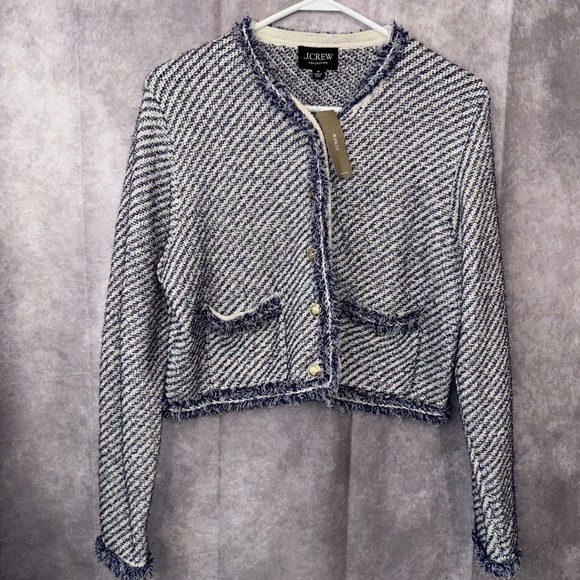 NWT J Crew Collection Womens M Tweed Fringe Cropped Jacket Blue Gold Buttons - Picture 2 of 9